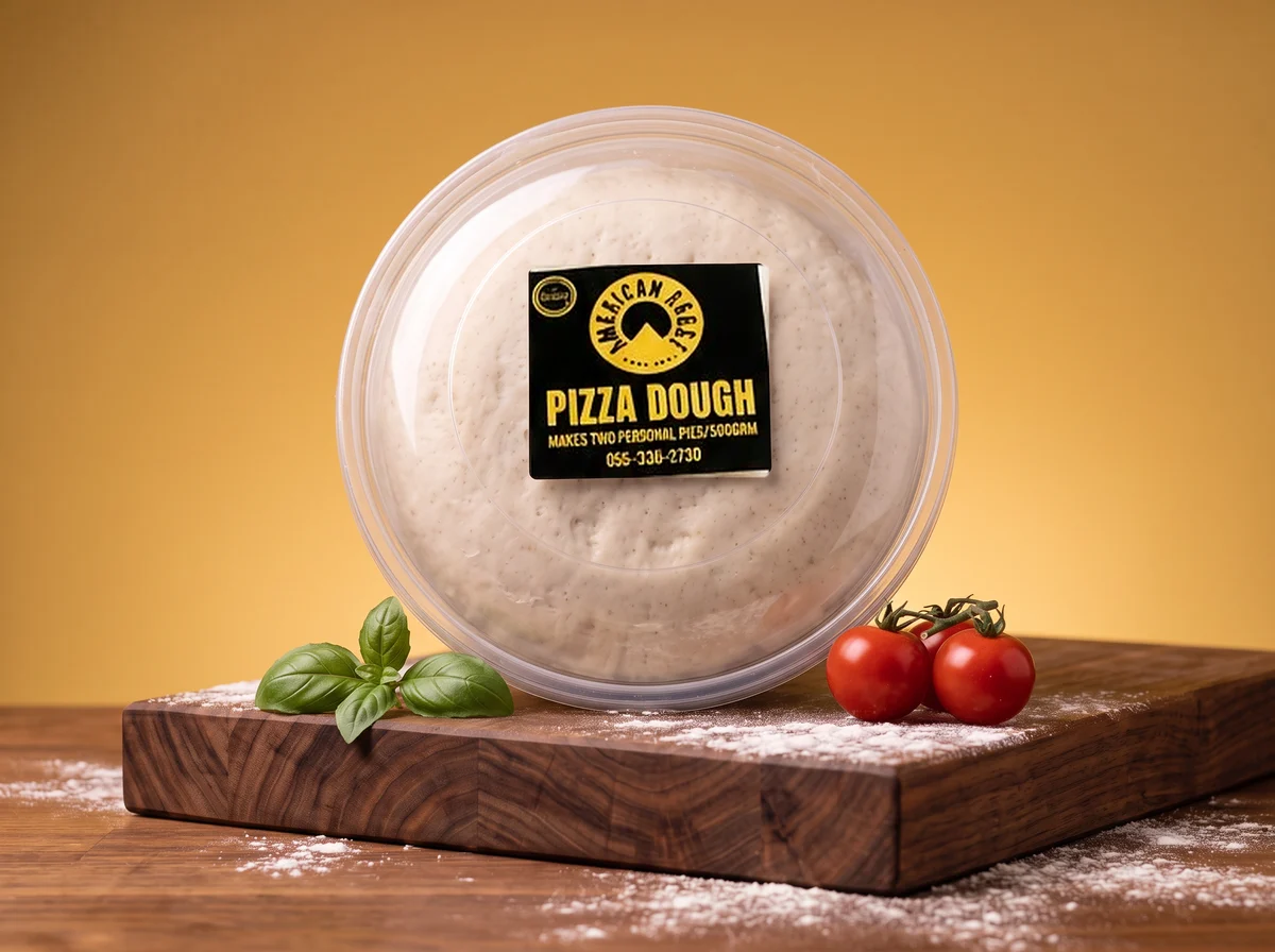 Classic American pizza dough in its tub with the American Crust label
