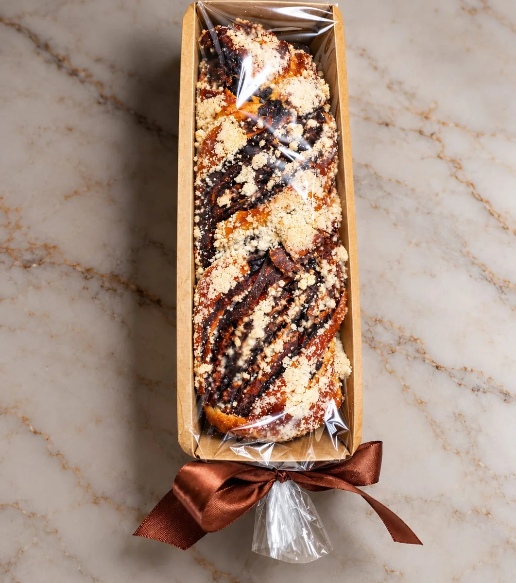 A babka in a paper tray tied with a brown ribbon