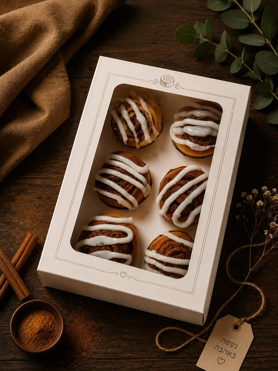 A box of six cinnamon buns with white icing lines