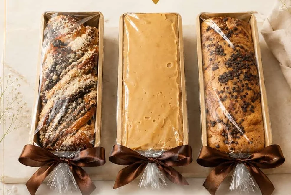 Three loaf cakes tied with ribbon