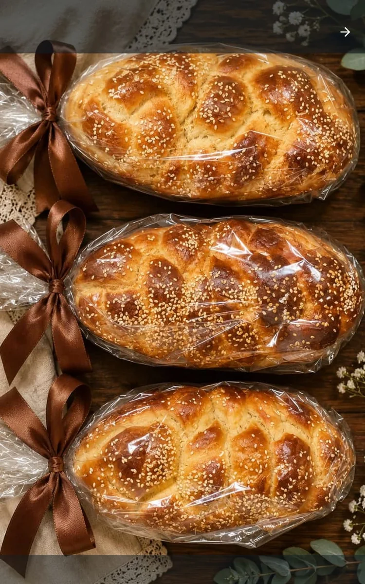 Three braided challos tied with brown ribbons
