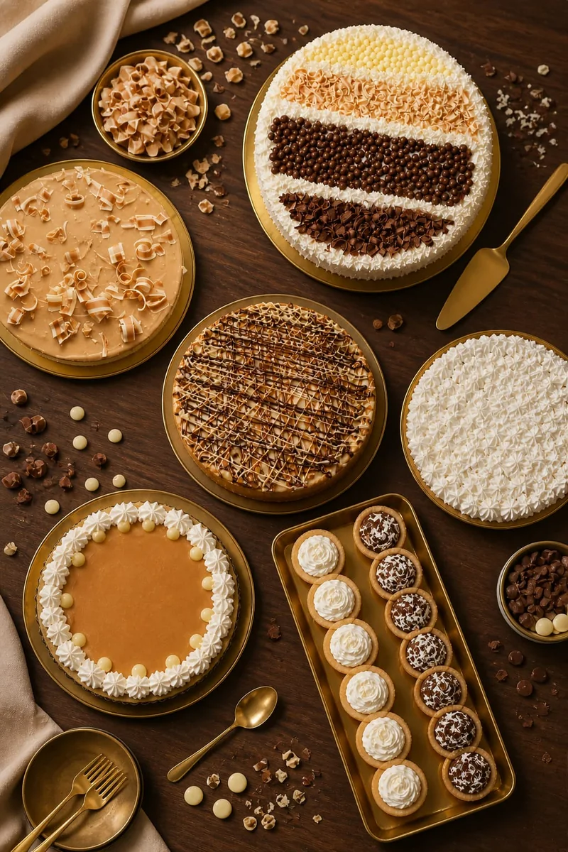 Cheesecakes with chocolate and caramel toppings on a wooden table