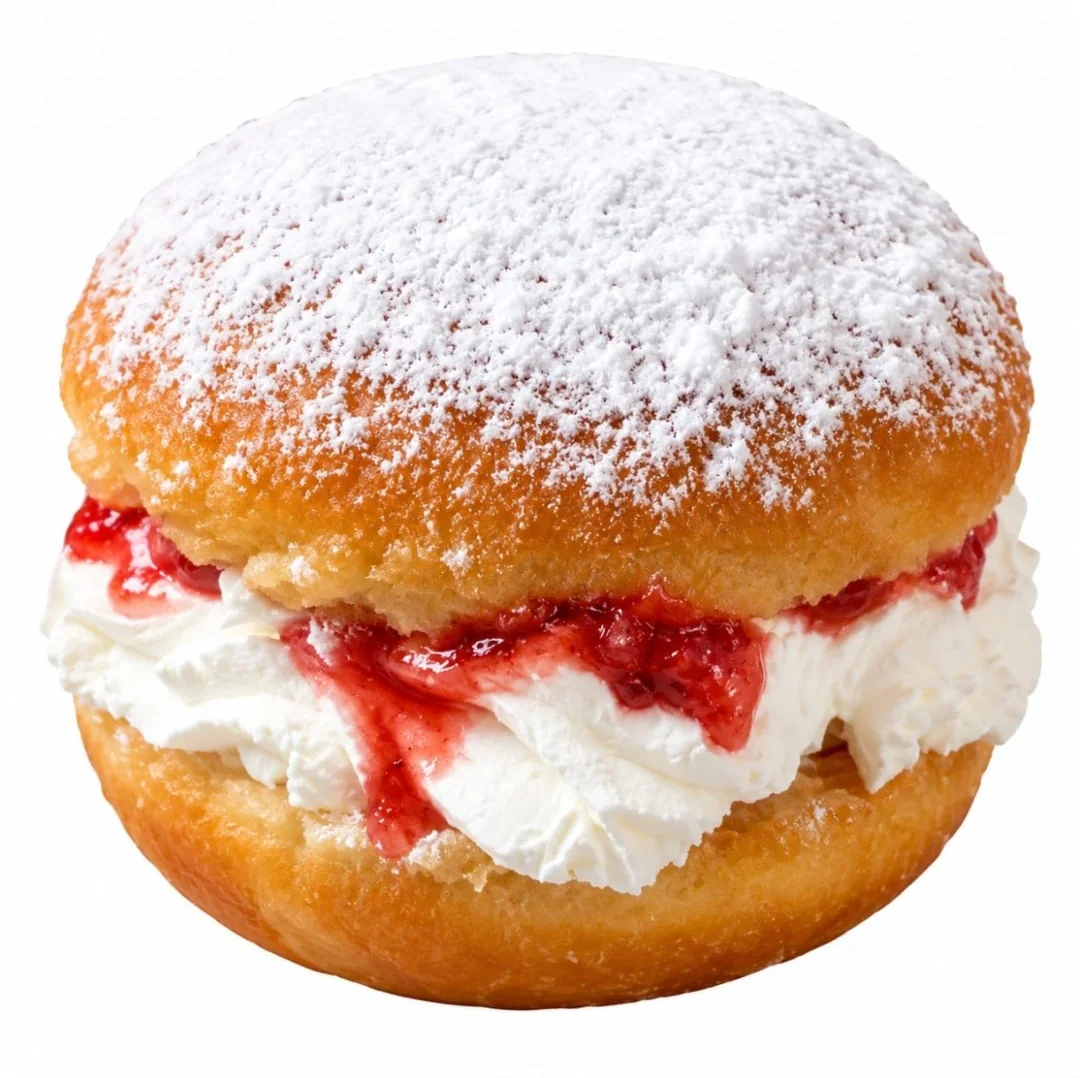 A sugar dusted doughnut filled with cream and red jam
