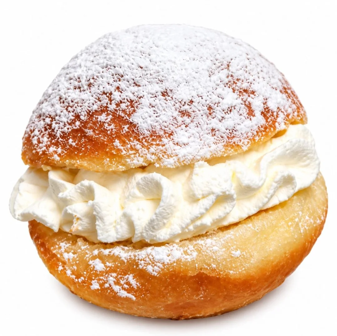 A sugar dusted doughnut filled with cream