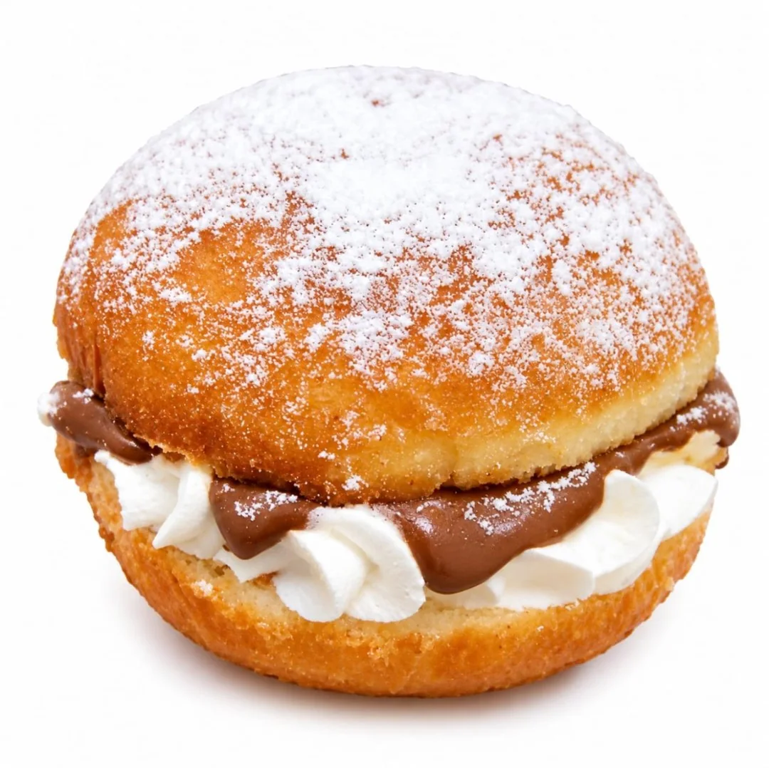 A sugar dusted doughnut filled with cream and chocolate