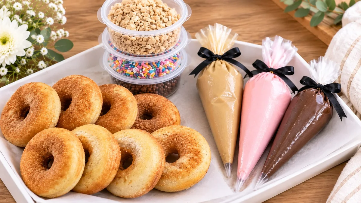 A tray of mini doughnuts beside piping bags of icing and a jar of sprinkles