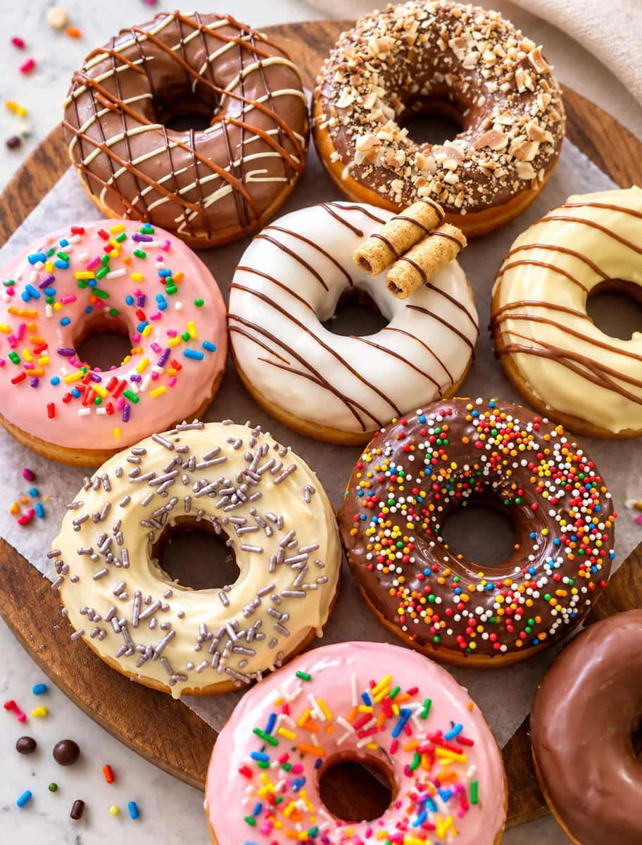 A tray of glazed doughnuts in different flavours
