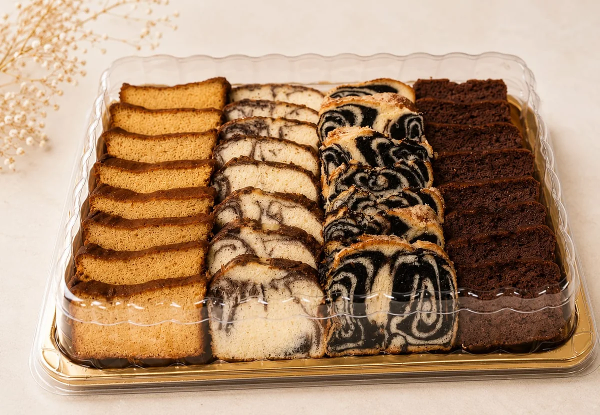 A tray of cake slices: plain, marble and chocolate