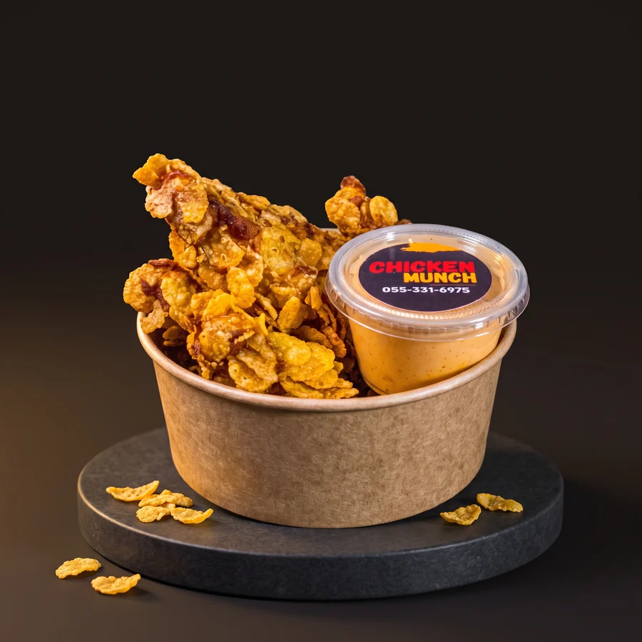 Crispy Cornflake chicken in a kraft bowl with a sauce pot