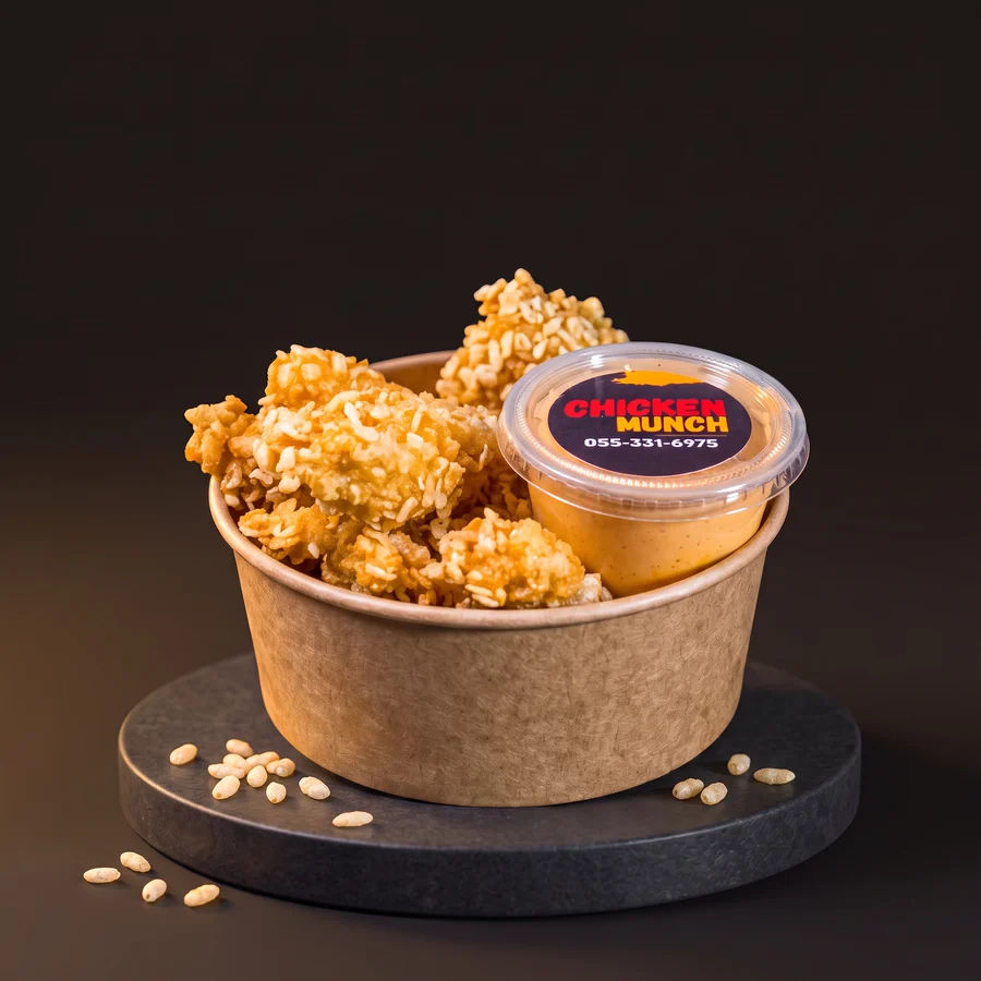 Rice Krispie chicken in a kraft bowl with a sauce pot