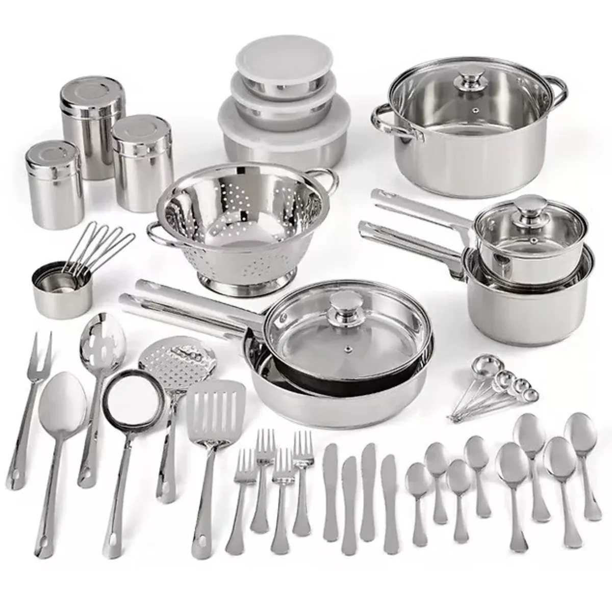 Stainless steel pots, a colander and cutlery