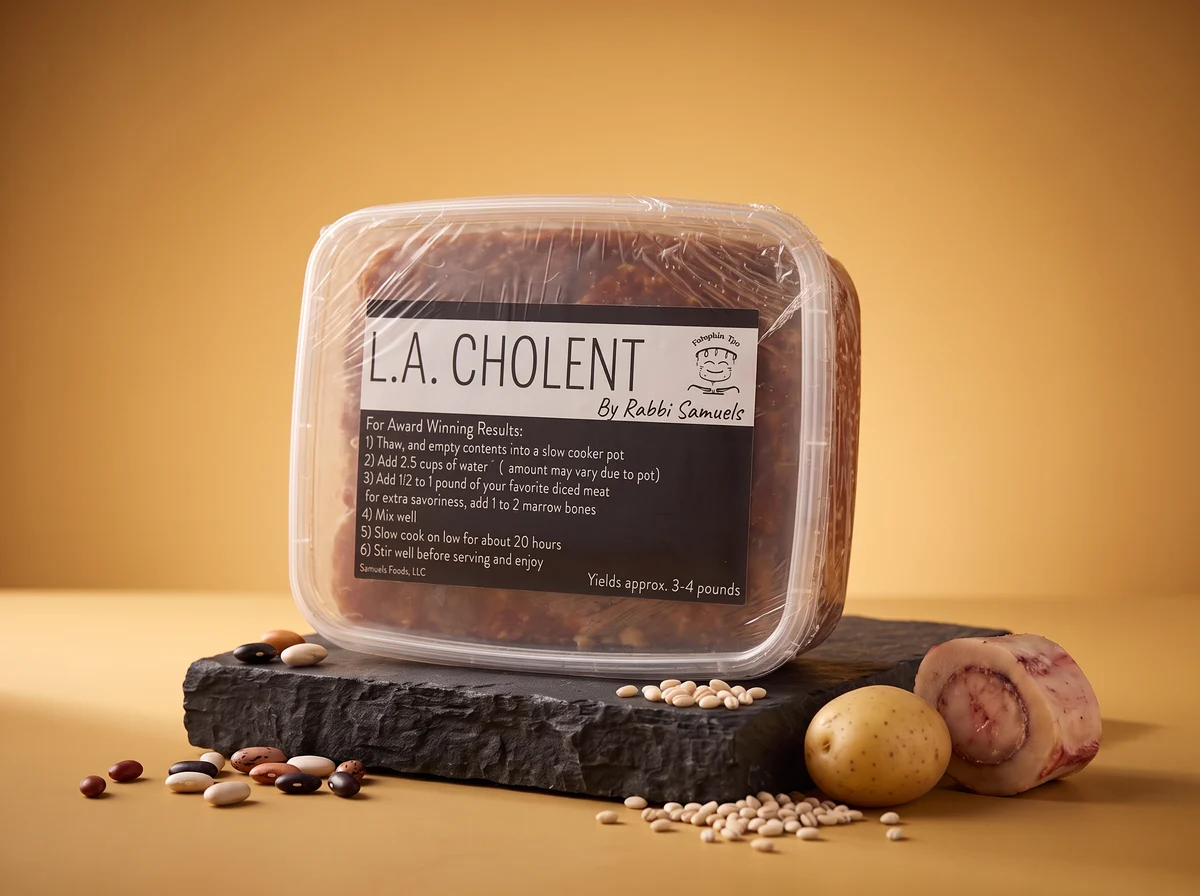 A sealed tub of L.A. Cholent by Rabbi Samuels with the cooking steps on its label, on a slate block beside dry beans and barley.
