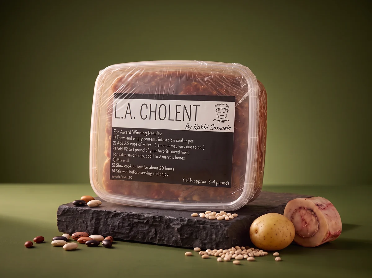 A sealed tub of L.A. Cholent by Rabbi Samuels with the cooking steps on its label, on a slate block beside dry beans and barley.