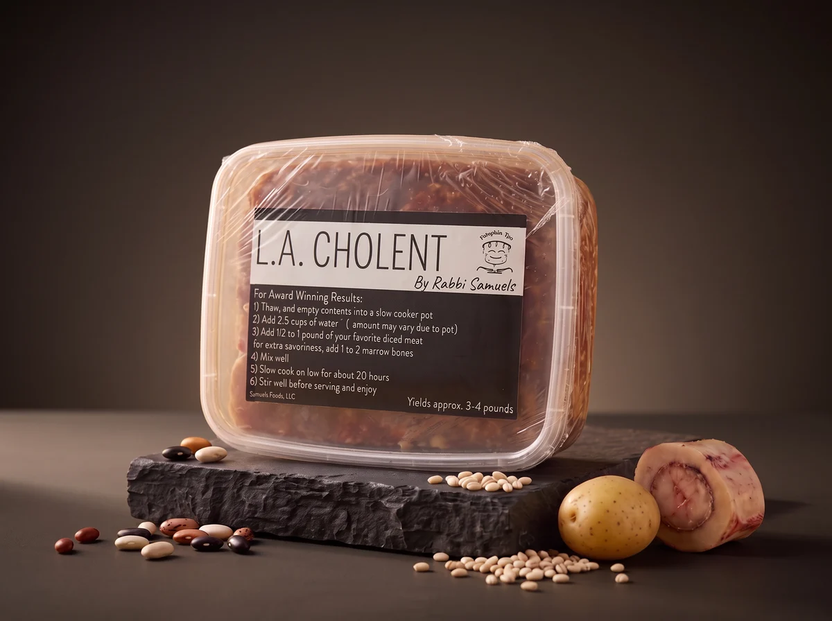 A sealed tub of L.A. Cholent by Rabbi Samuels with the cooking steps on its label, on a slate block beside dry beans and barley.
