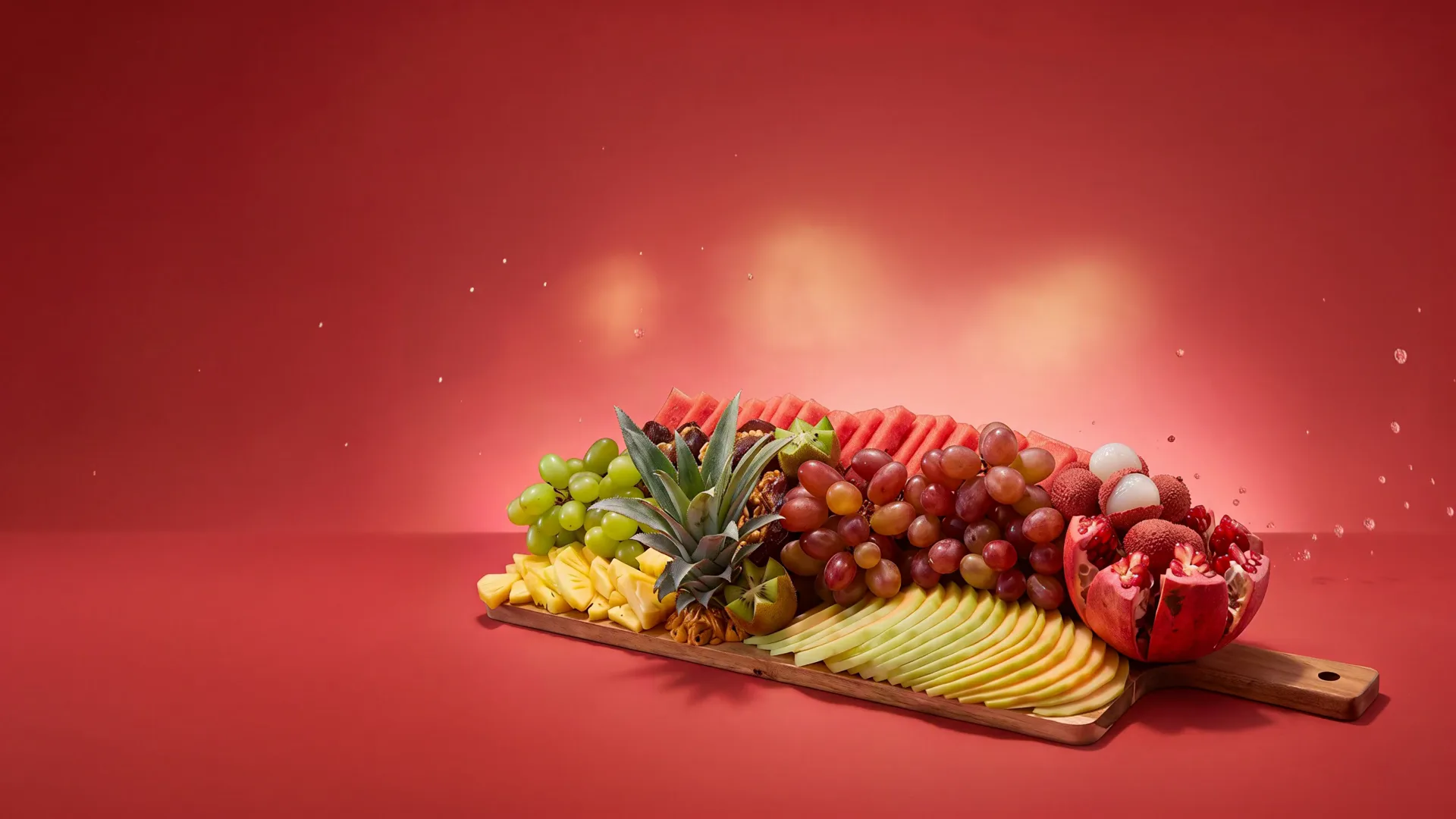 Our Large platter on a red ground: watermelon, grapes, pomegranate, lychees, melon and pineapple on a wooden board