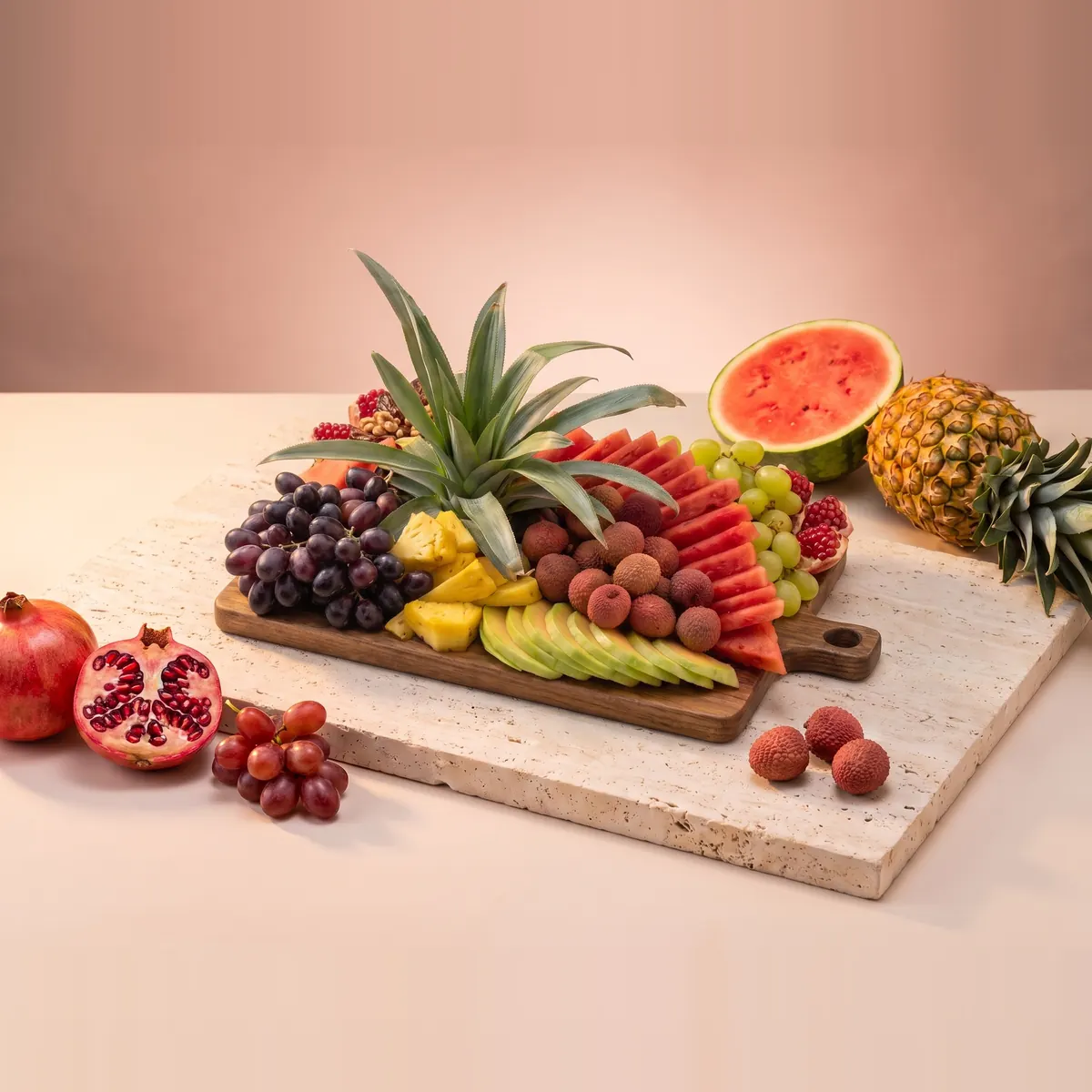 The Medium platter: a wooden board with a pineapple crown, dark grapes, lychees, watermelon, melon and pomegranate