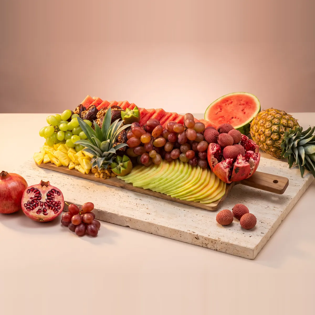 The Large platter: a long wooden board of watermelon, grapes, lychees, pomegranate and melon