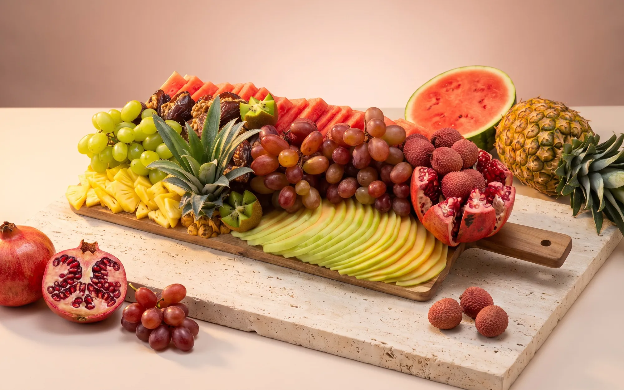The Large platter: a long wooden board of watermelon, grapes, lychees, pomegranate and melon