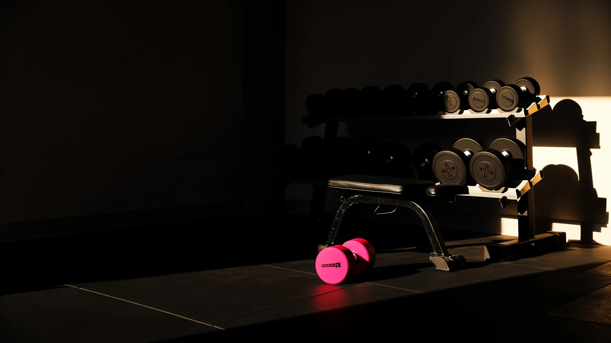 An empty gym with a dumbbell rack, a bench and pink dumbbells on the floor