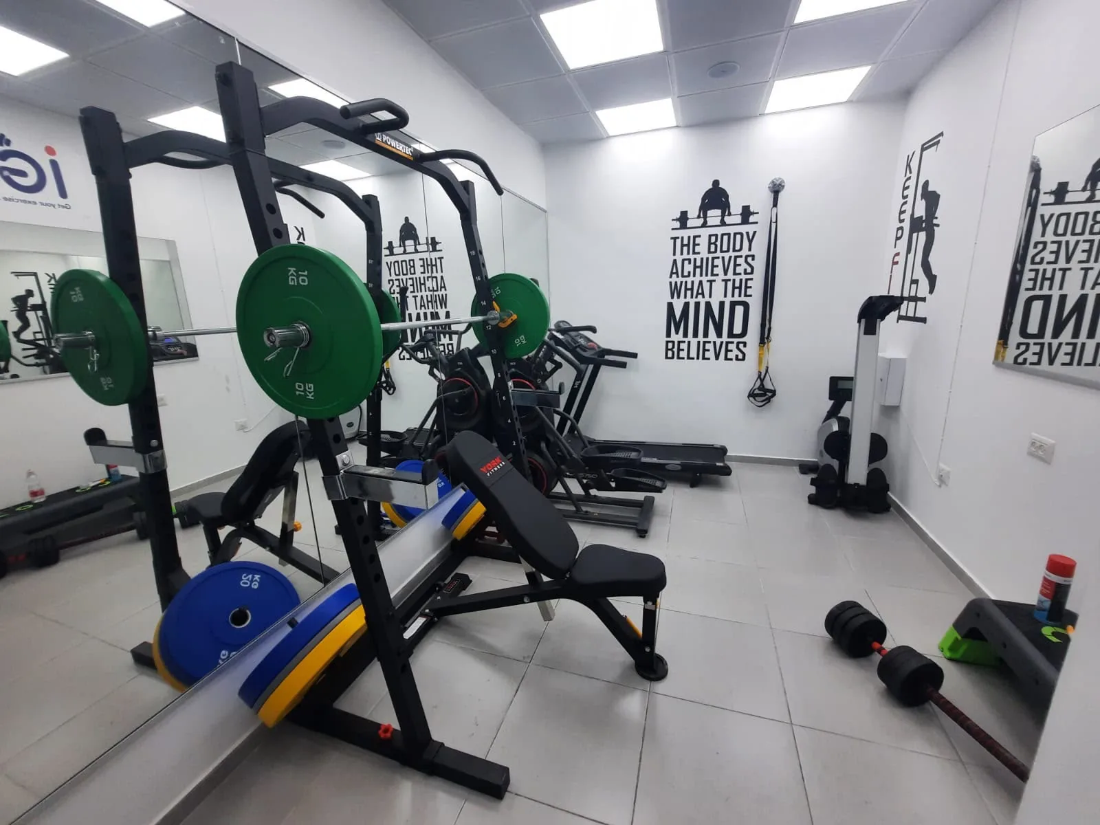 Michal's private training gym: a squat rack with a loaded barbell, a bench, a treadmill, a rowing machine and mirrored walls
