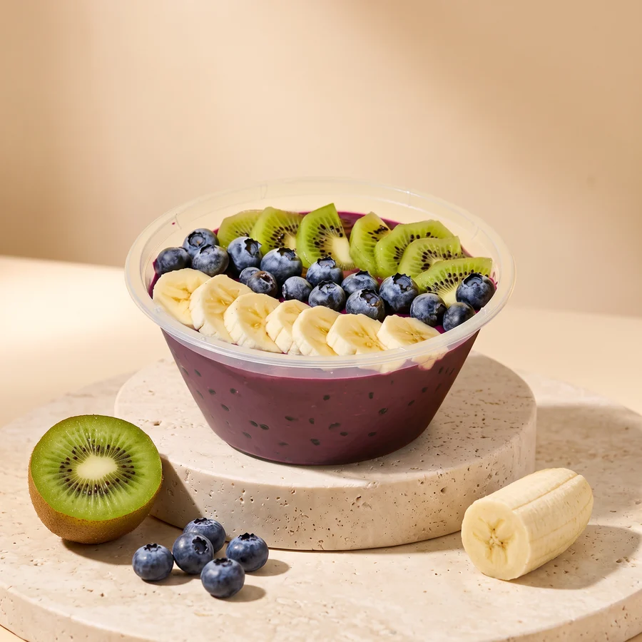 A Superfruit bowl: kiwi, frozen blueberries and banana on our acai base