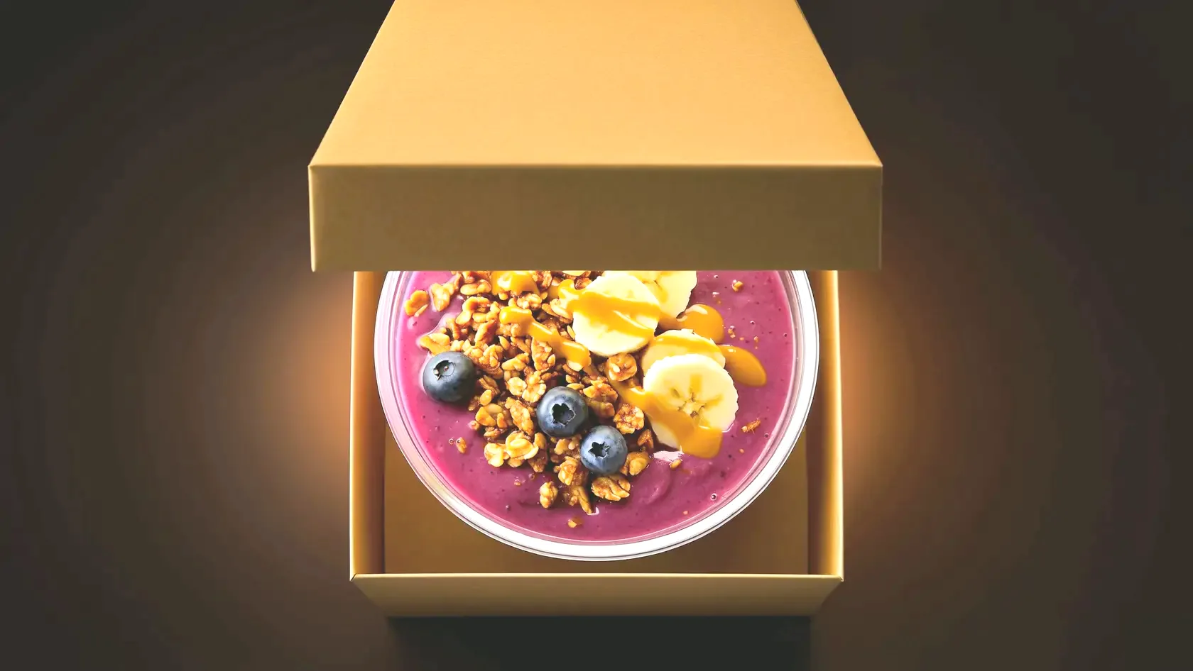 The bowl in its kraft box, the lid just lifting
