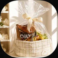 A cream and gold cosmetic bag filled with treats, wrapped in cellophane