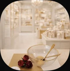 A gold-edged glass bowl with a gold spoon and red roses
