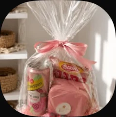 A pink jewellery organiser with treats, wrapped in cellophane with a pink ribbon