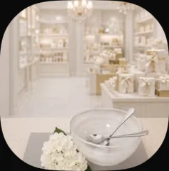 A white marble glass bowl with spoons and white hydrangeas