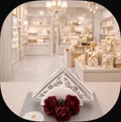 A white porcelain napkin holder with red roses