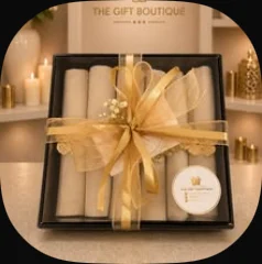 Rolled napkins with gold flower napkin rings in a black box tied with gold organza
