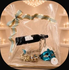 A silver chain wine holder with a bottle and a mask, wrapped in cellophane
