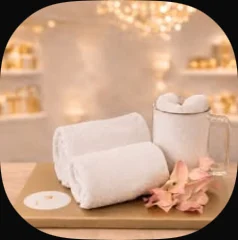 A washing cup and rolled hand towels on a wooden board with pink flowers
