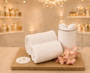 Rolled white towels and a mug of sweets on a wooden board